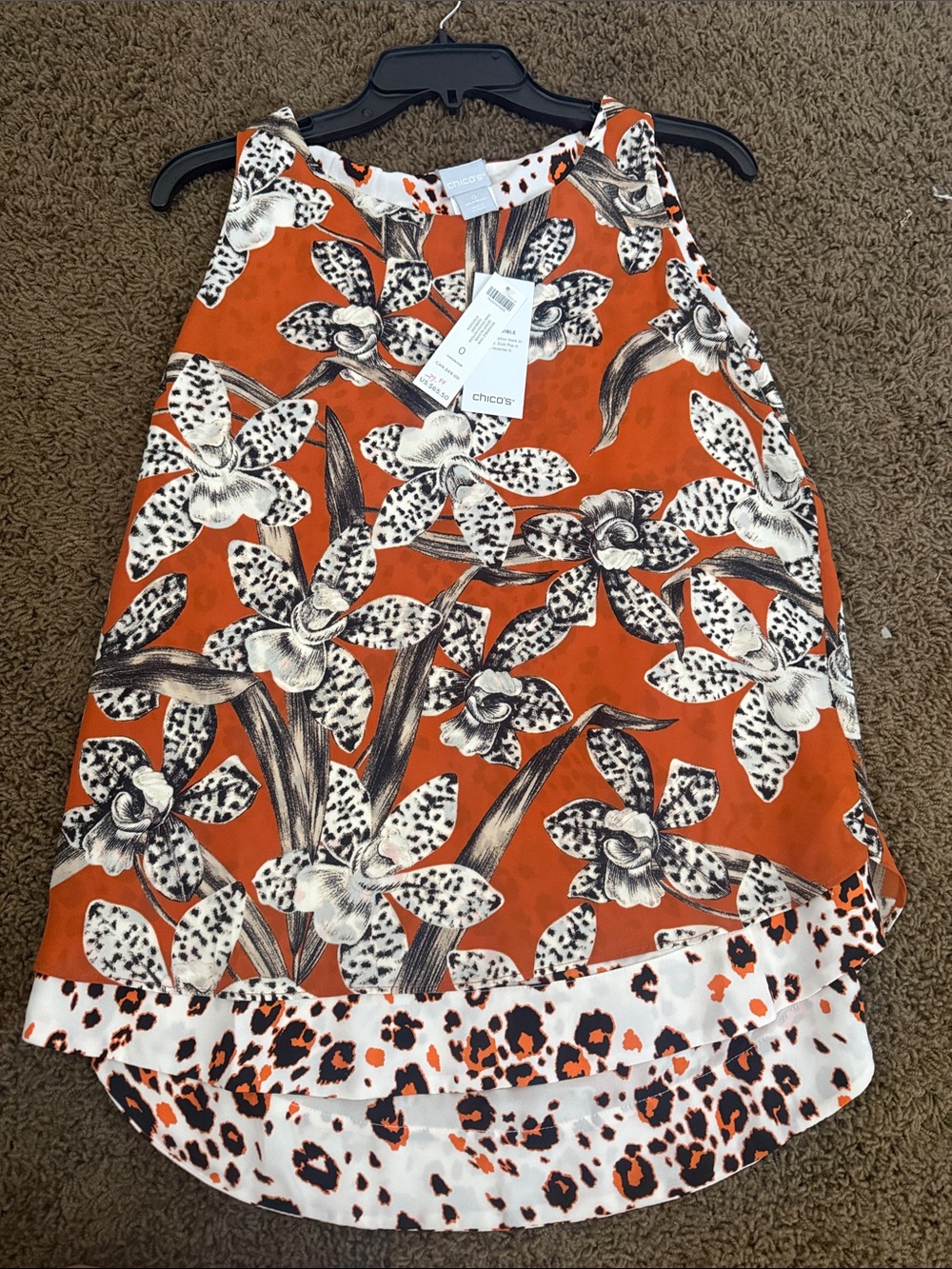Chico's reversible Orange, Cream and Black Mixed Print Top